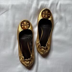 Tory Burch Metallic Gold Leather Logo Ballet Flats